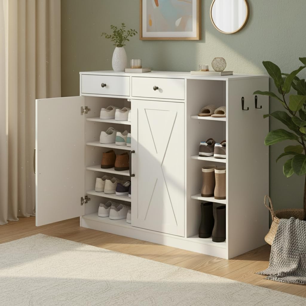 GarveeHome Shoe Storage Cabinet, Modern Farmhouse Shoe Rack Organizer with 6 Adjustable Shelves & 2 Drawers, Freestanding Entryway Cabinet for Living Room, Mudroom, Hallway, White