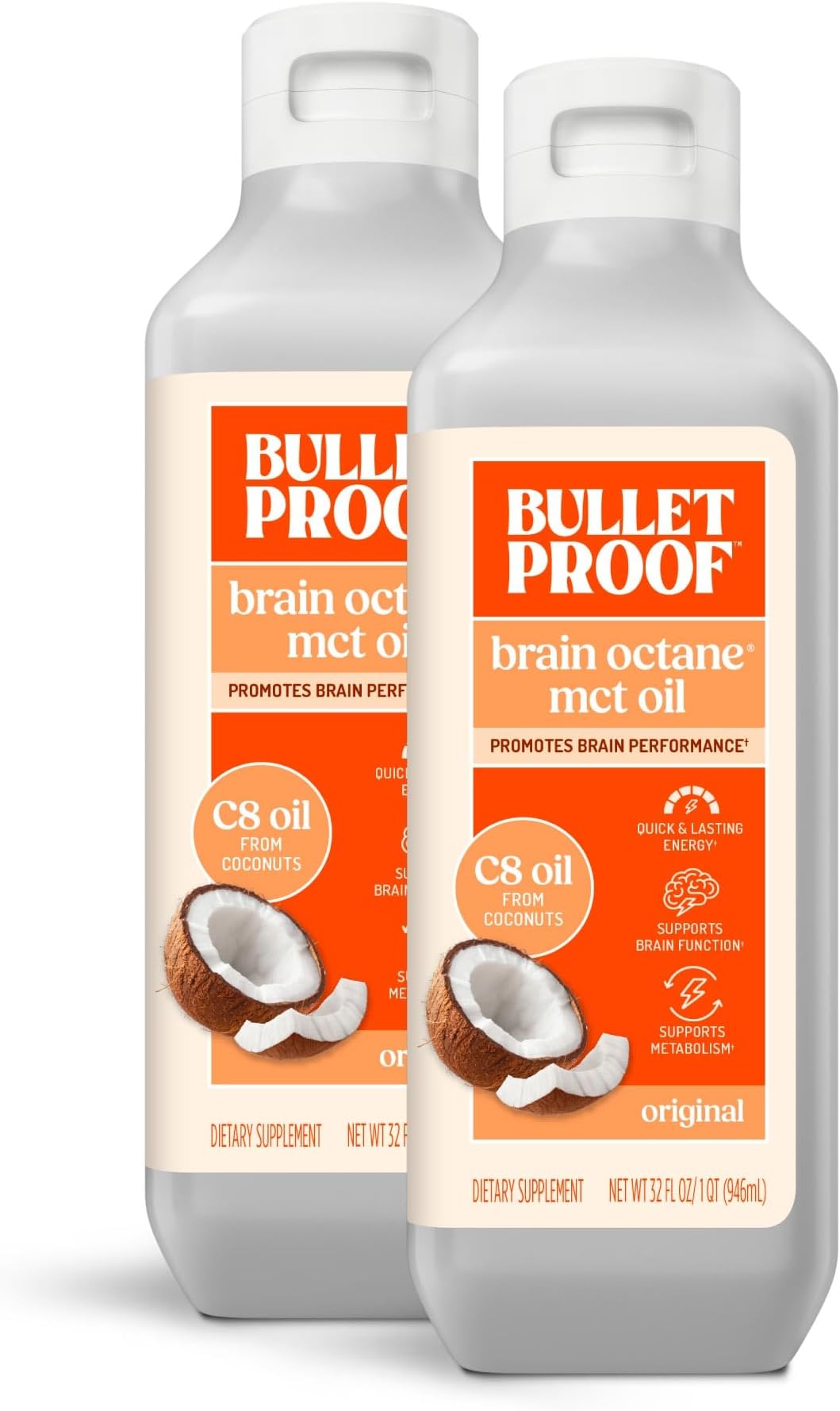 Bulletproof Brain Octane C8 MCT Oil, 16 oz (Pack of 2) – 100% Pure Coconut Oil, Triple-Distilled Keto Energy Supplement for Coffee & Smoothies, Unflavored, No Additives or Fillers, Non-GMO