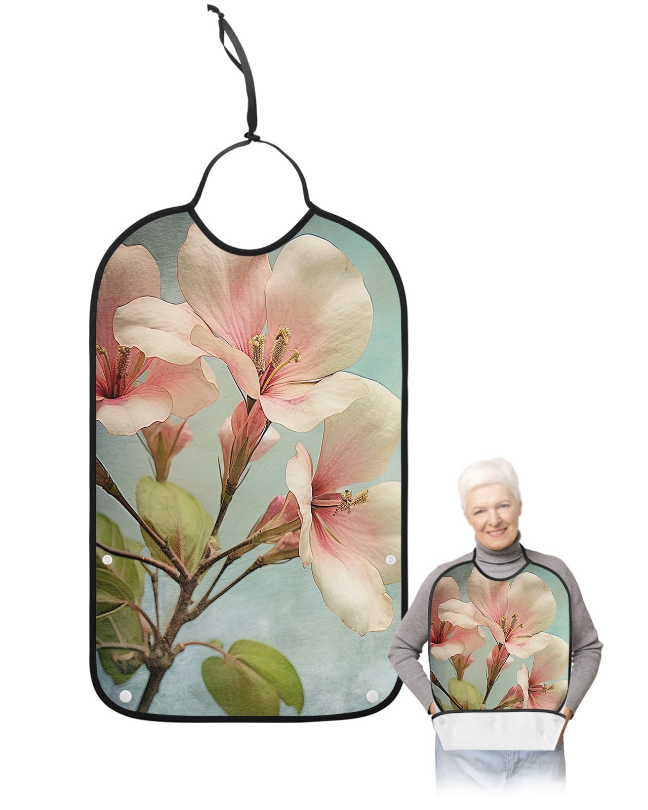 LEOKOTI Pink Ombre Flower Adult Bibs for Eating, Waterproof Bibs with Food Catcher & Adjustable Snap Closure, Spring Floral Bortanical Vintage Teal Washable Clothing Protectors Adult Bibs for Elderly