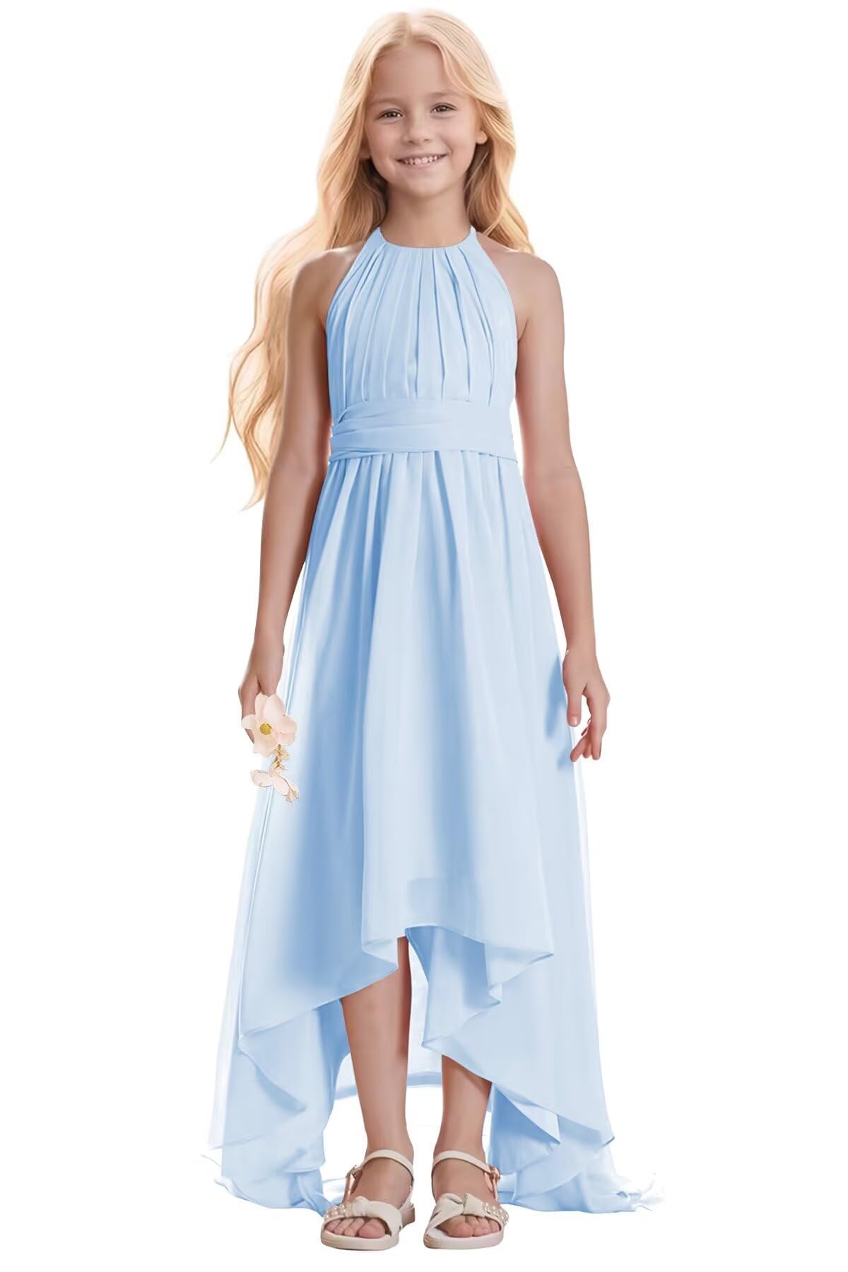 UCAZEUO Halter Girls Junior Bridesmaid Dresses Long Chiffon High Low Flower Girls Dresses for Wedding Party