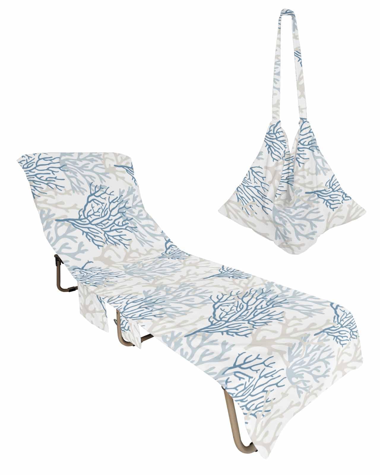 Beach Pool Patio Lounge Chaise Chair Cover Towel with Pockets,Blue Grey Coral Absorbent & Quick Dry Microfiber Towel Cover Bag Summer Travel Accessories Coastal Beach Ocean Summer Beach Watercolor