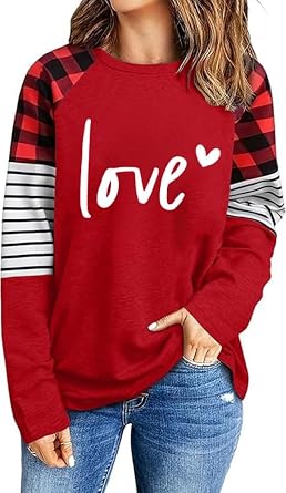 Womens Valentines T-Shirt Leopard Stripe Splicing Sleeve Raglans Shirt Love Heart Printed Buffalo Plaid Graphic Tees