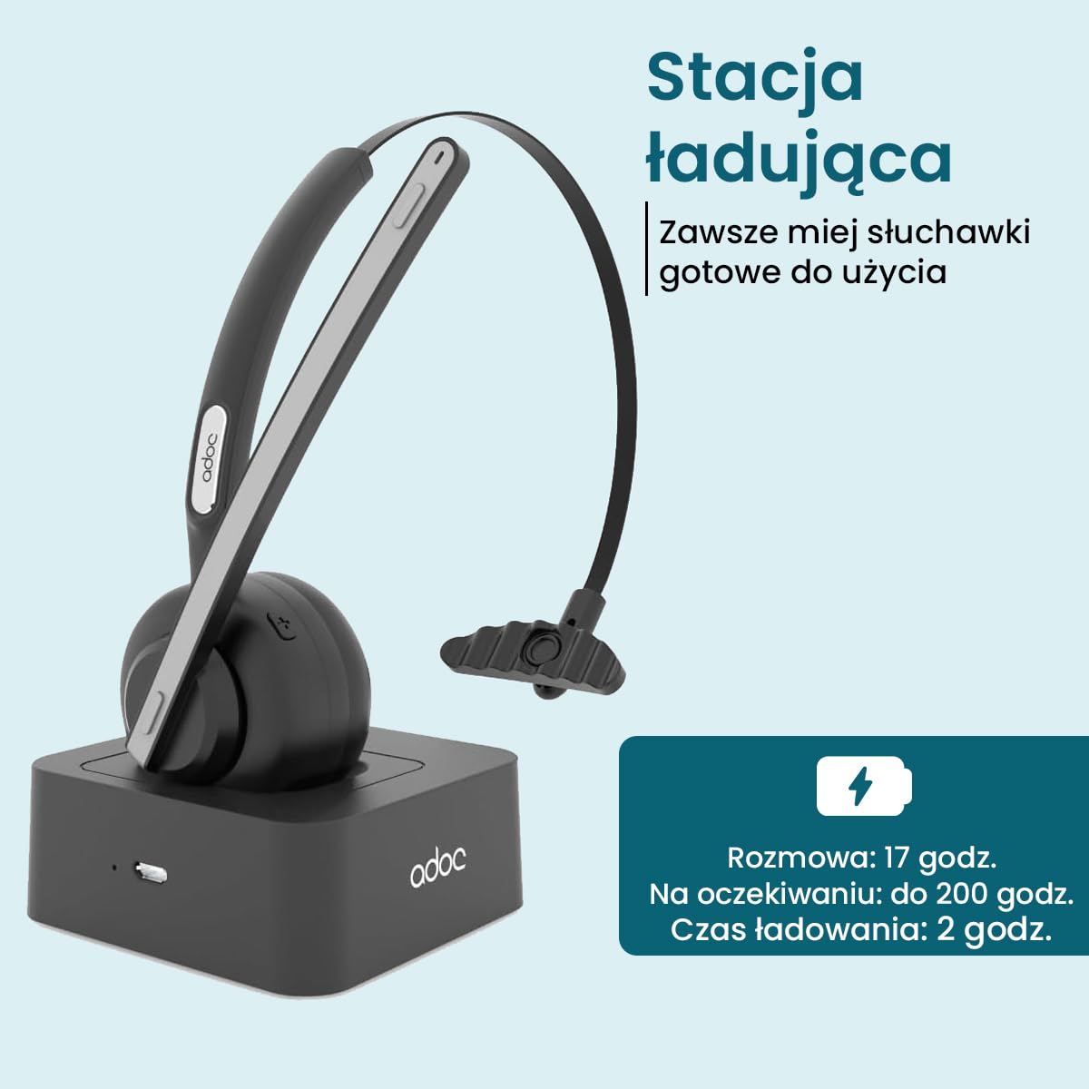 ADOC Słuchawki Bluetooth 5.0 z mikrofonem BT01, redukcja szumów, regulowany pałąk, skórzana podkładka, klawisz wielofunkcyjny, bateria 180 mAh.