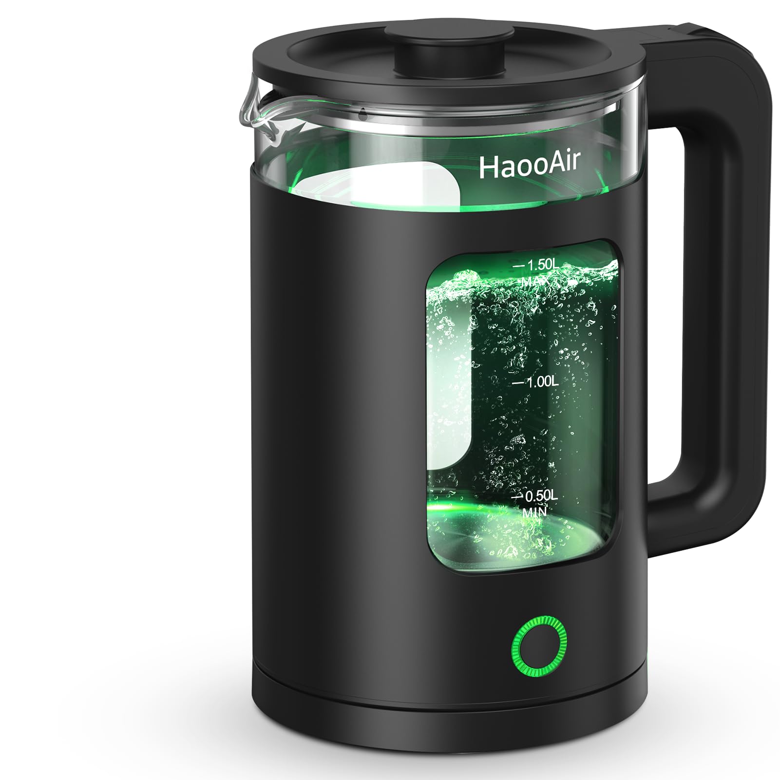 HaooAir 1.5L Glass Electric Kettle – Green LED, Fast & Quiet Boil, Stainless Steel Bottom, BPA-Free with Dry-Boil Protection & Black Mat
