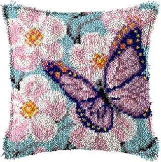 ROCKY&CHAO Latch Hook Kits 43x43cm, Butterflies and Flowers DIY Throw Pillow Case Crochet Crafts for Beginners Kids Adults, Handmade Craft Home Decor