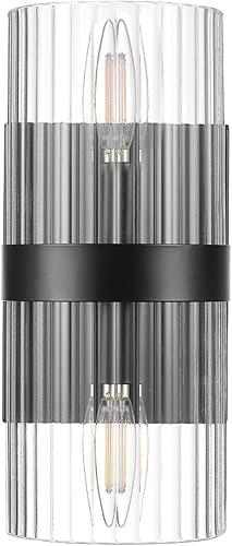 Globe Electric 65000050 Aplique de pared de 2 luces, negro mate, pantalla de vidrio acanalado, enchufes de base E12, luces de pared para sala de disponible en Yaxa Venezuela