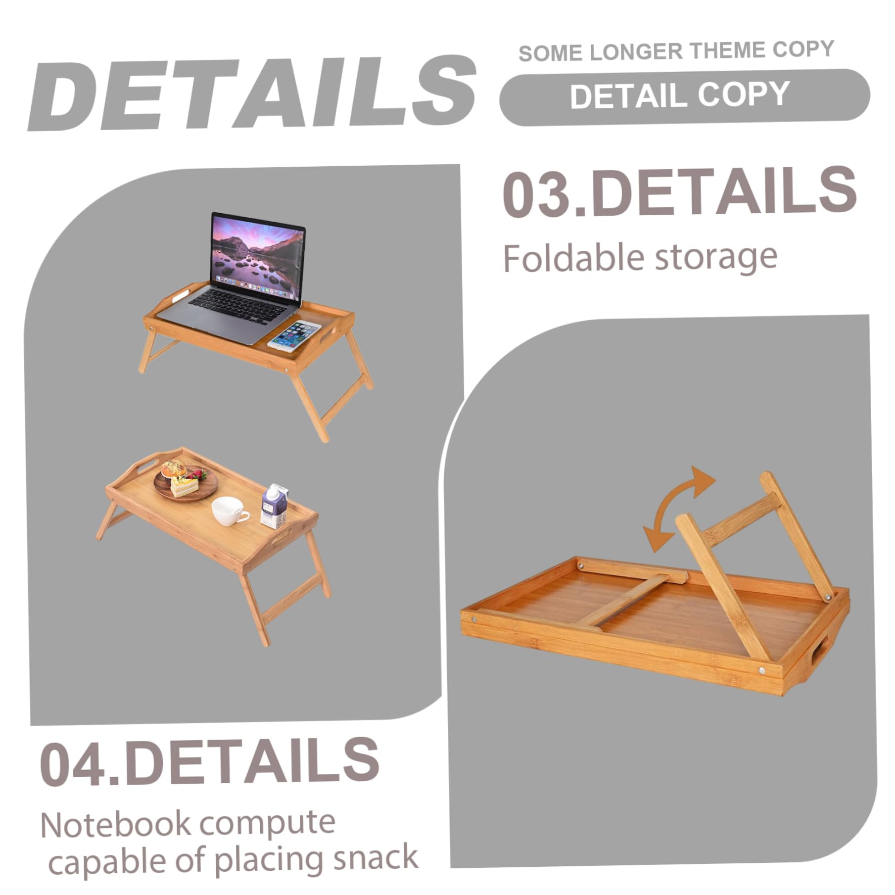Plateau de lit en bambou – 50 x 30 cm Plateau de service pliable avec poignée Idéal pour le petit déjeuner au lit, collations et ordinateurs portables – Design portable et élégant