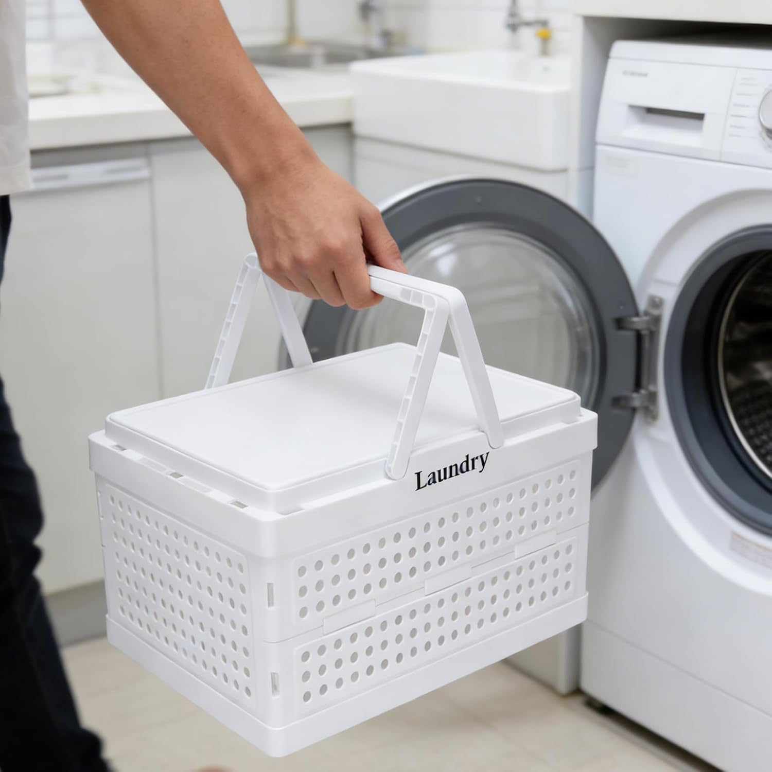 Collapsible Laundry Hamper with Lid, Plastic Laundry Baskets for Bathroom Space Saving,Large Capacity Dirty Clothes Hamper Portable Washing Bin for Family Dorm