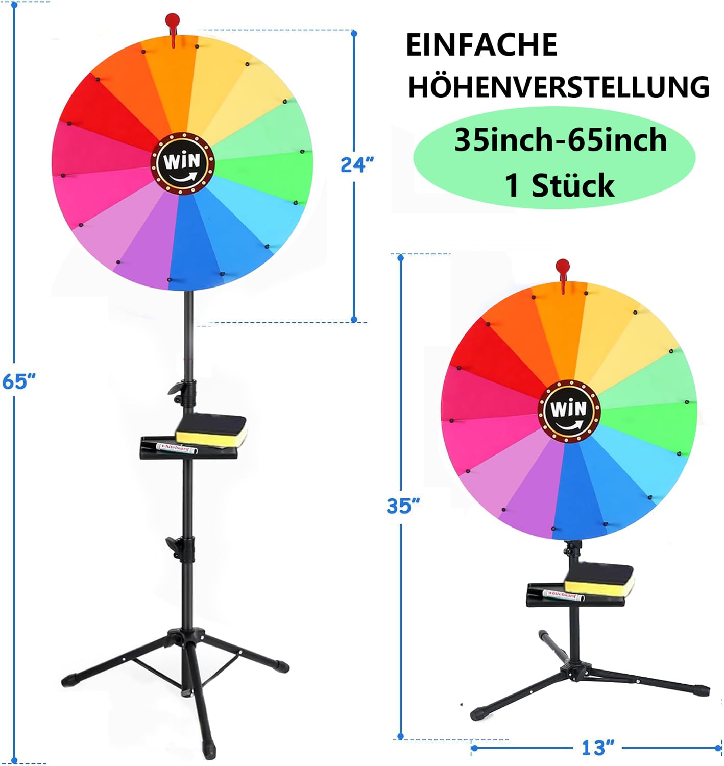 Drehbares Preisrad 61 cm, 14 Farben, verstellbar 94-165 cm, löschbares Kritzelspiel