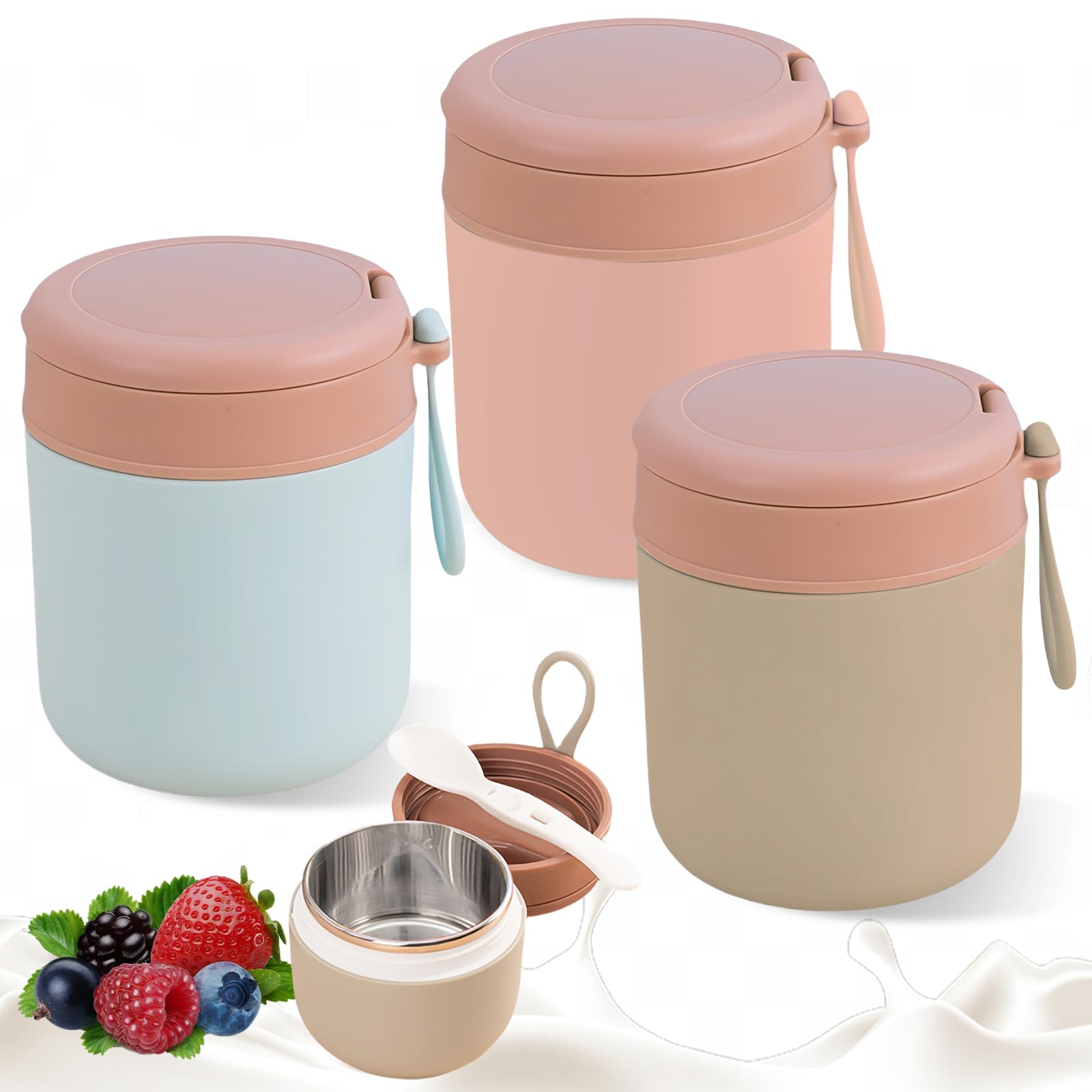 Contenitore termico in acciaio inox per cibi: 3 ciotole termiche, contenitore termico sottovuoto isolato, contenitore termico Essen to go (blu, rosa + bianco) (blu, rosa, verde, 430 ml)
