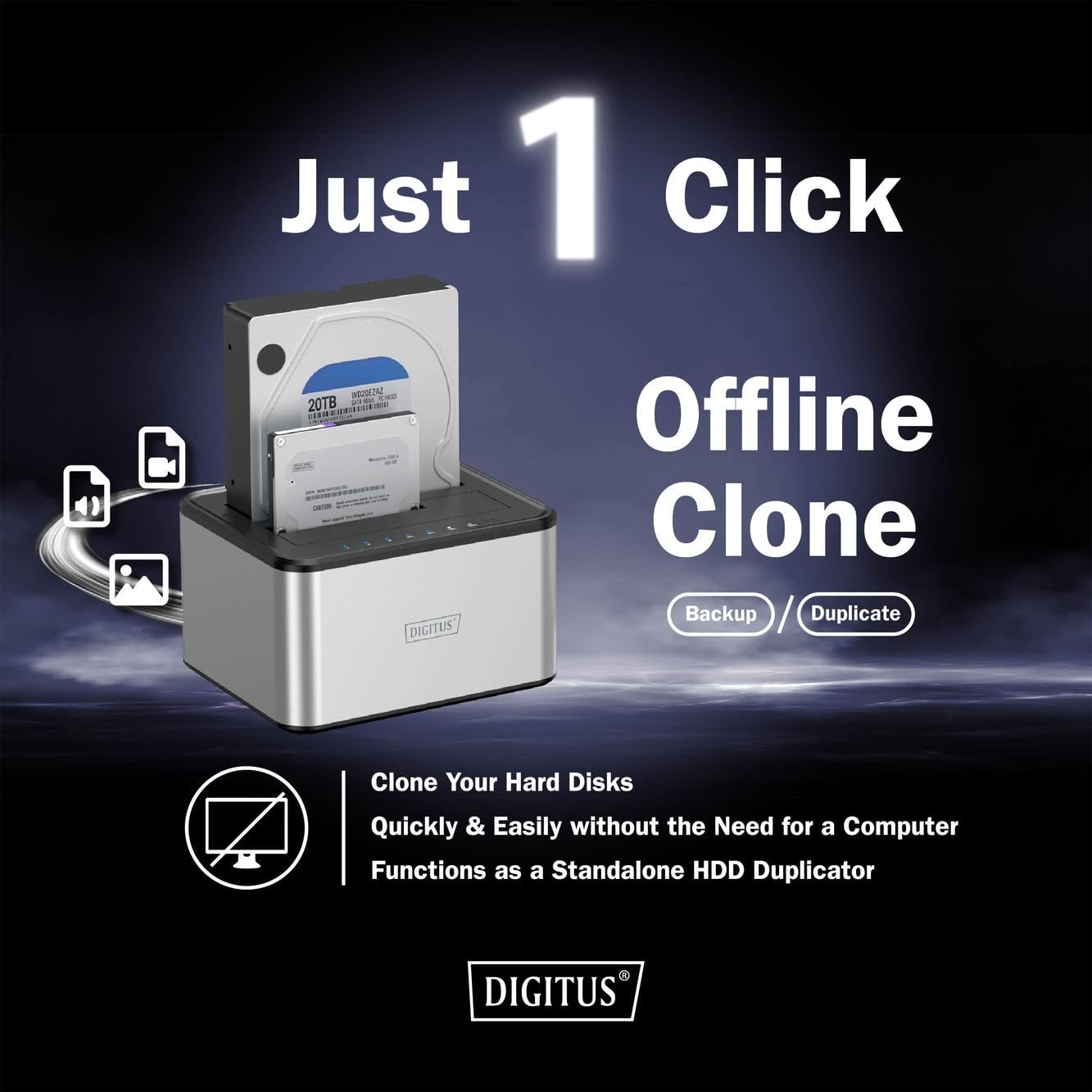 DIGITUS DA-71540-2 - Stacja dokująca z dwoma dyskami twardymi SATA - USB 3.0 - dla dysków SSD i twardych 2,5„/3,5” - SATA 3 - z funkcją klonowania - Plug & Play - Szary