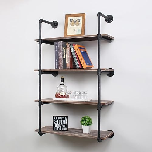 Miniatura 17 de MBQQ, Estantes de tubería industrial con madera, estante de montaje en pared rústico, estantería de metal colgada, estantería flotante de