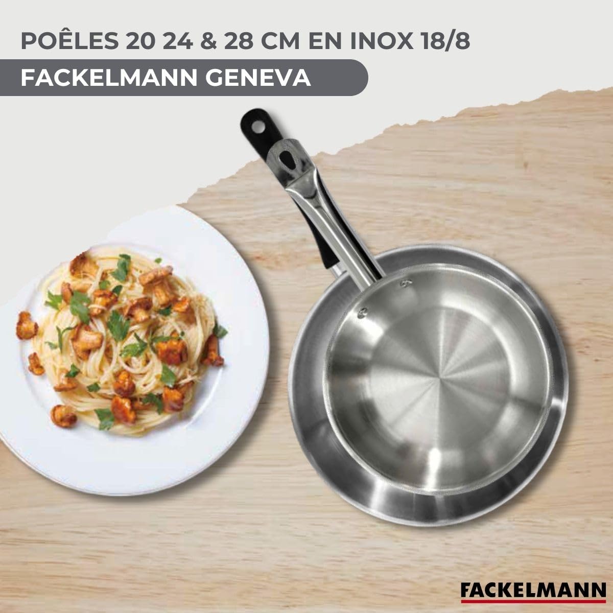 Fackelmann 9441450 - Set 3 padelle 20 24 e 28 cm, in acciaio inox 18/8, padella da cucina, tutti i fuochi, induzione, senza PFAS, acciaio inossidabile 18/8, 20 24 e 28 cm