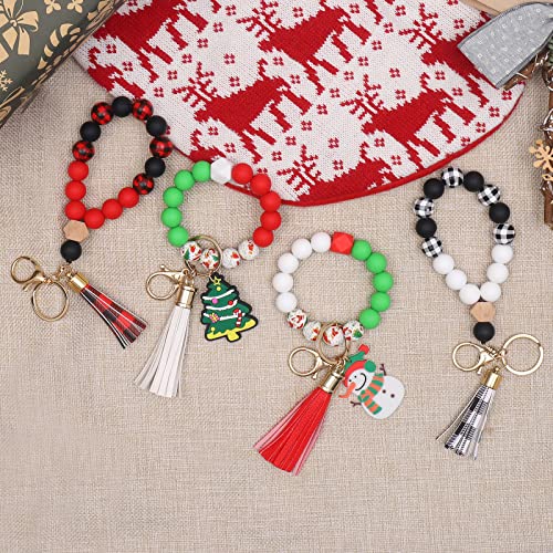 Image of BAOSIWA Silicone Key Ring Bracelet Wristlet Keychain Unique Beaded Bangle Key Chains for Women with Leather Tassel