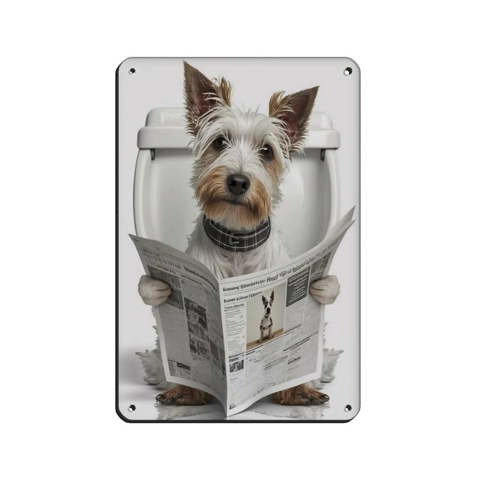 Terrier Sitting on The Toilet Reading A Newspaper Retro Poster Metal Tin Sign Chic Art Retro Iron Painting Bar People Cave Cafe Family Garage Poster Wall Decoration 8x12inch(20x30cm)
