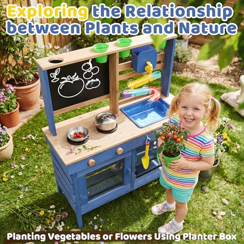 Wooden Outdoor Mud Kitchen for Kids, Pretend Play Kitchen Playset with Removable Sink, Faucet, Stove Top, Planting Area & Cooking Accessories, Toddler Gift for Boys Girls Ages 3+ (Blue) - image 3