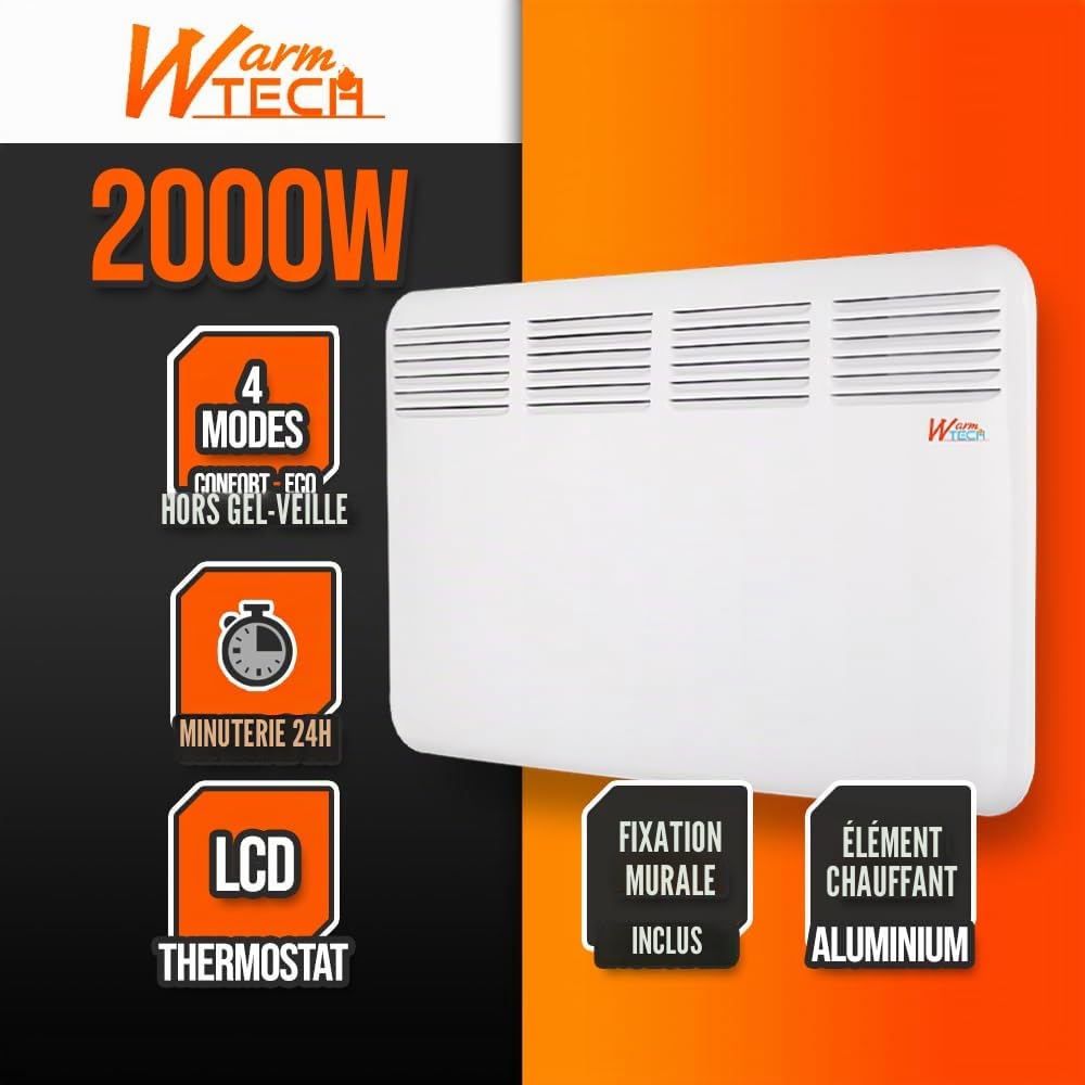 Chauffage mural 2000W - 4 modes - Thermostat électronique - Timer 24H - Warm Tech