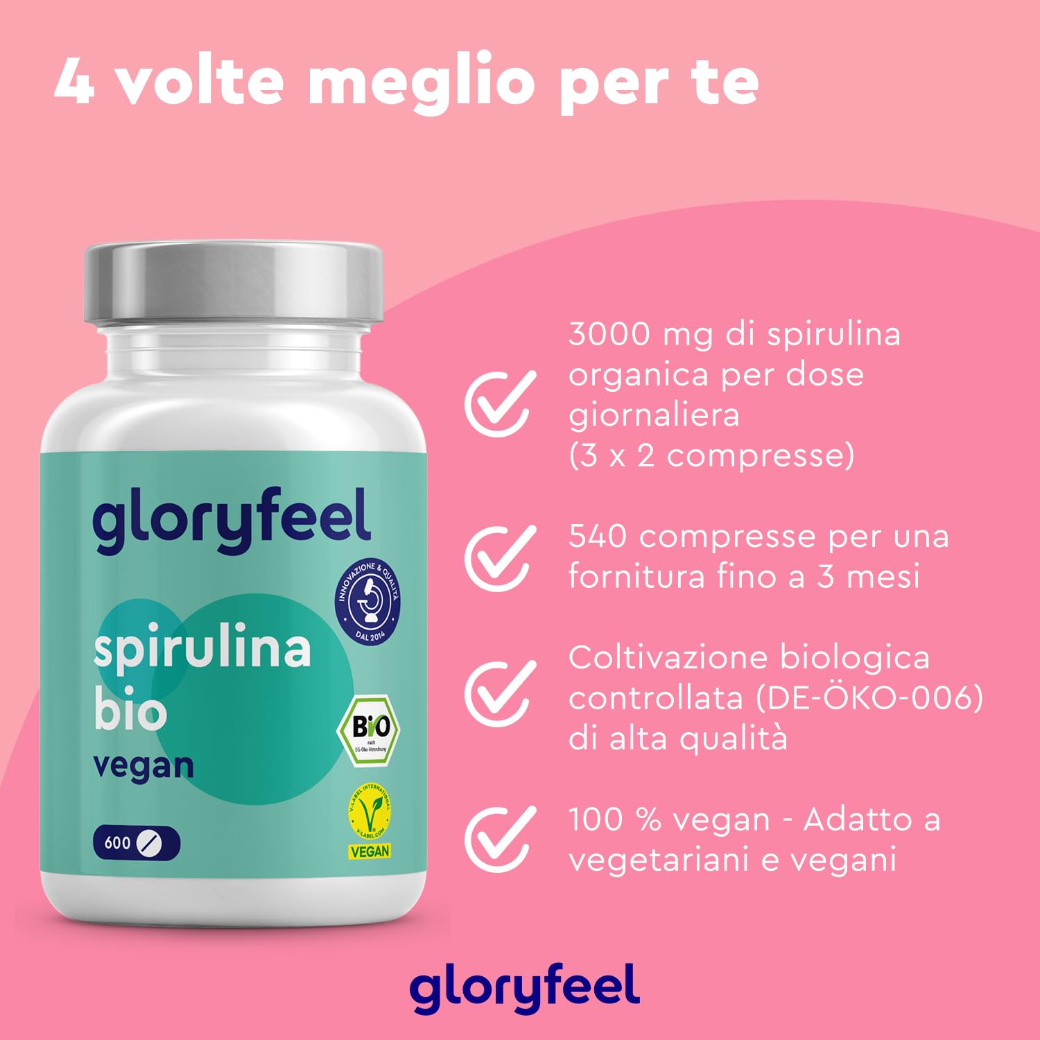 Spirulina Bio, 600 compresse BIO 500 mg, Alto dosaggio, Ricca di ficocianina, proteine e vitamine, Alga Spirulina pura, Analizzata e Confezionata in Germania, Vegan e senza Additivi