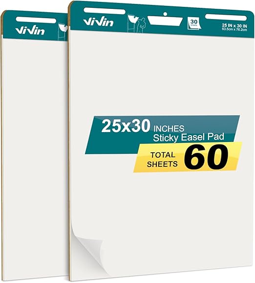 ViVin Super Sticky Easel Pad, 25 x 30 Inches Flip Chart Paper for Teachers, Large Self Stick Easel Paper, Teacher Anchor Chart, 30 Sheets/Pad, 2 Pads/Pack