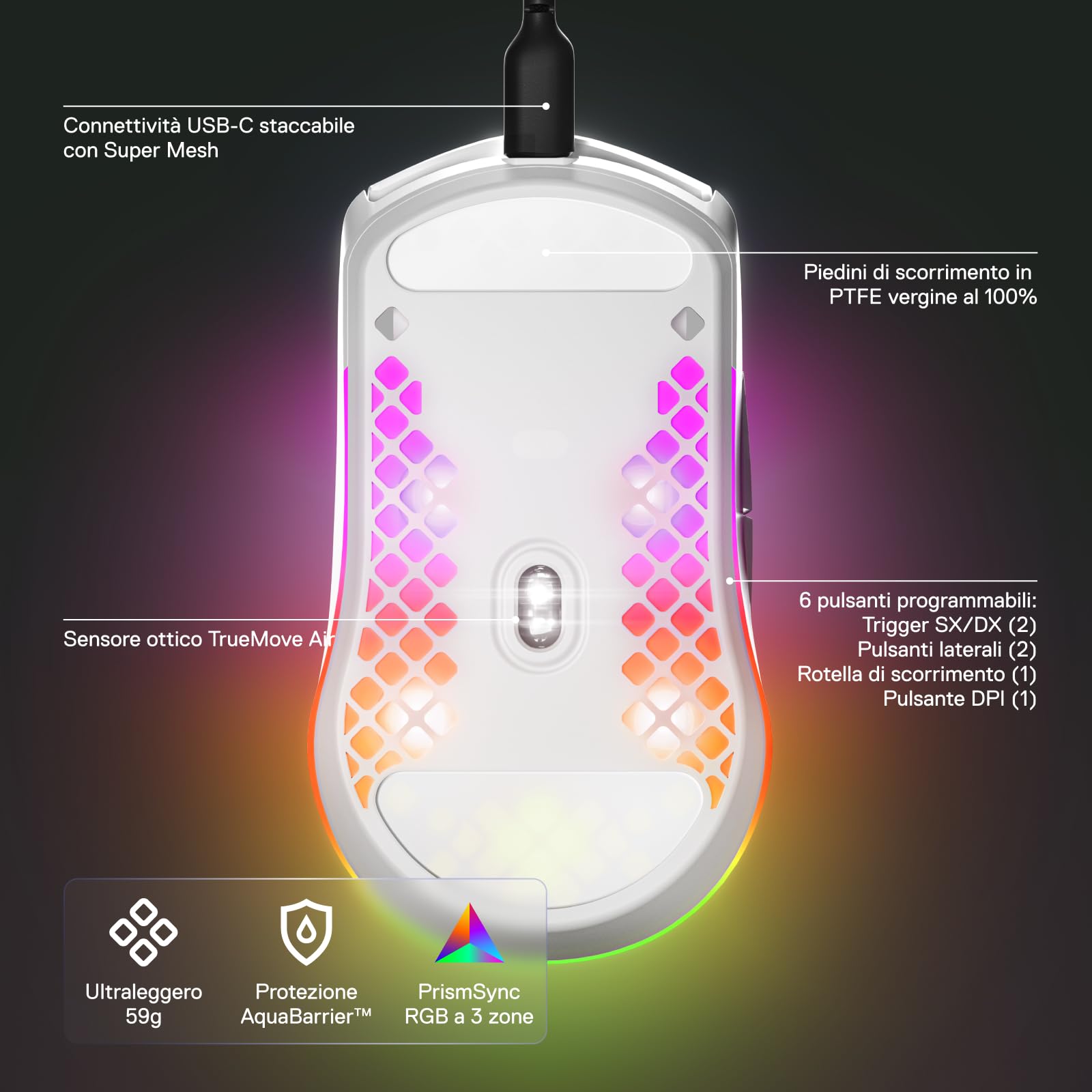 SteelSeries Aerox 3 - Mouse da gioco RGB traforato - Design ultraleggero e resistente all'acqua - Sensore ottico TrueMove Core da 8.500 DPI - Snow