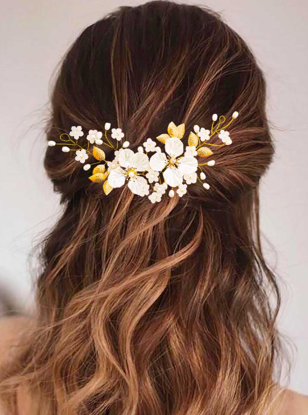 Edary - Diadema de novia para el pelo, para bodas, con flores doradas, accesorios para el cabello con hojas y perlas, para mujeres y niñas