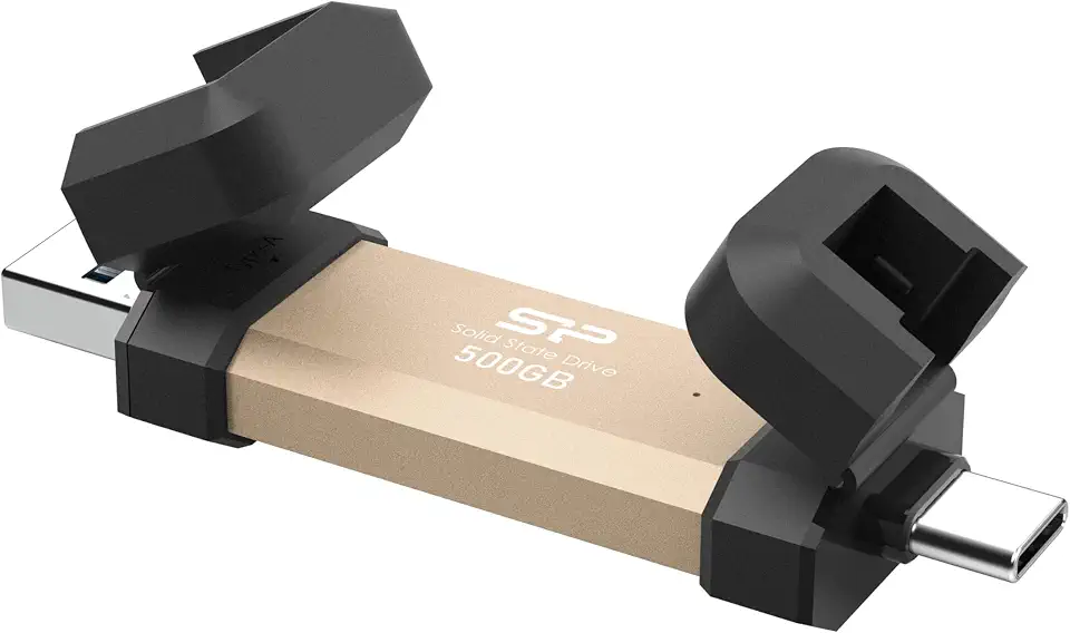Silicon Power DS72 500GB Portable External SSD USB 3.2 Gen 2 10Gbps 2-in-1 with Type-C and Type-A, High Speed Up to 1050 MB/s Compatible with MacBook Tablet Smartphone PC, Gold