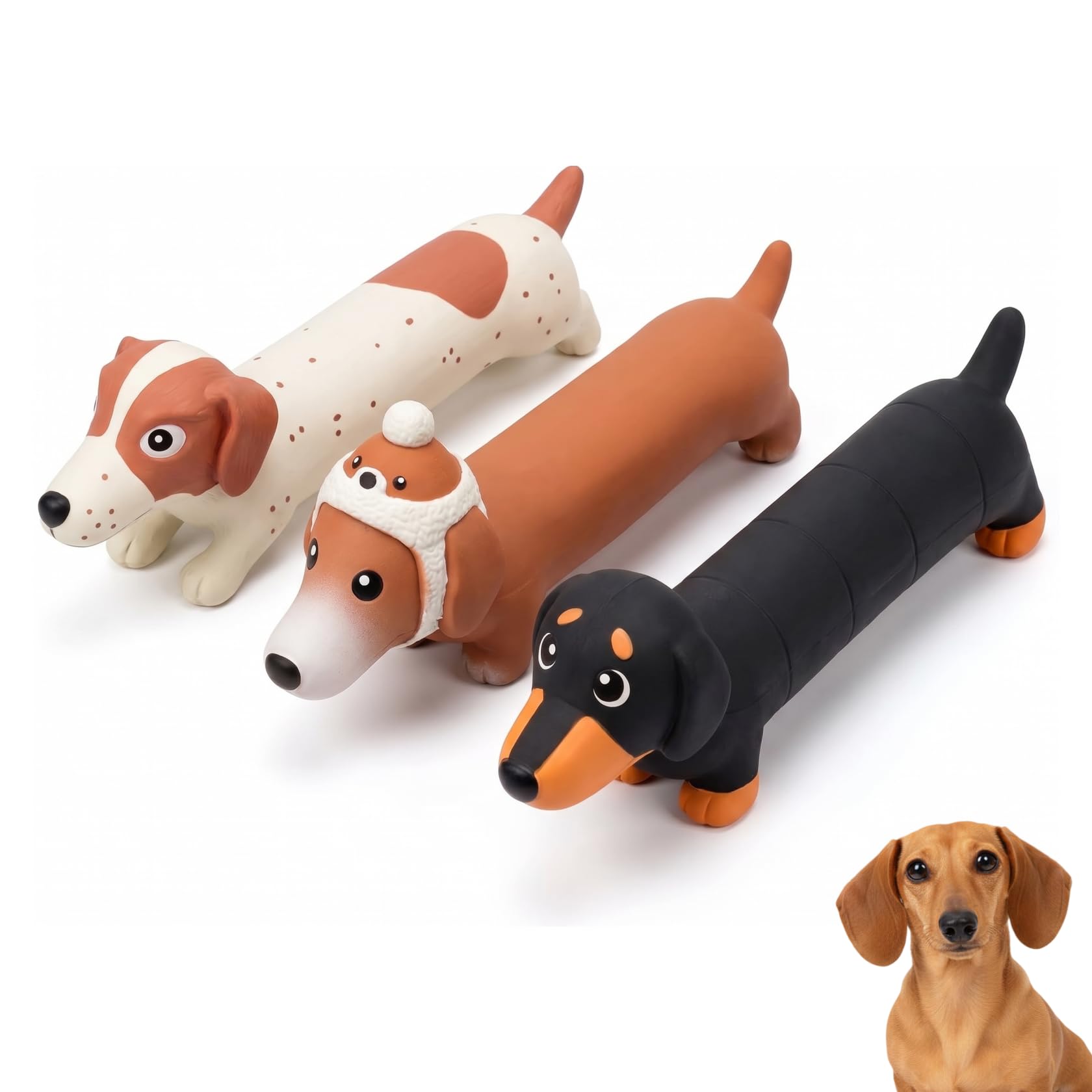 InekoAgua 3-Pack Squeaky Latex Sausage Dog Toys - Soft Natural Rubber Elongated Dachshund Characters for Easy-Grip Fetch & Teething - Gentle Chew Set for Puppies, Small & Medium Dogs
