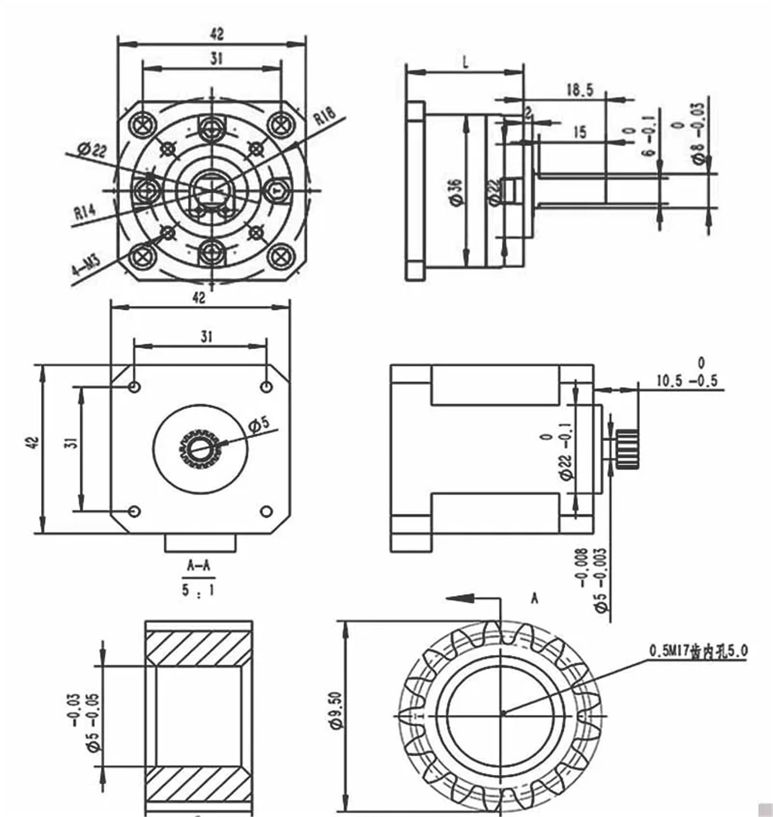 17 Riduttore epicicloidale da 3 a 516 Riduttore con motore passo-passo ad alta Tq con rapporto di riduzione(Gear ratio189to1)