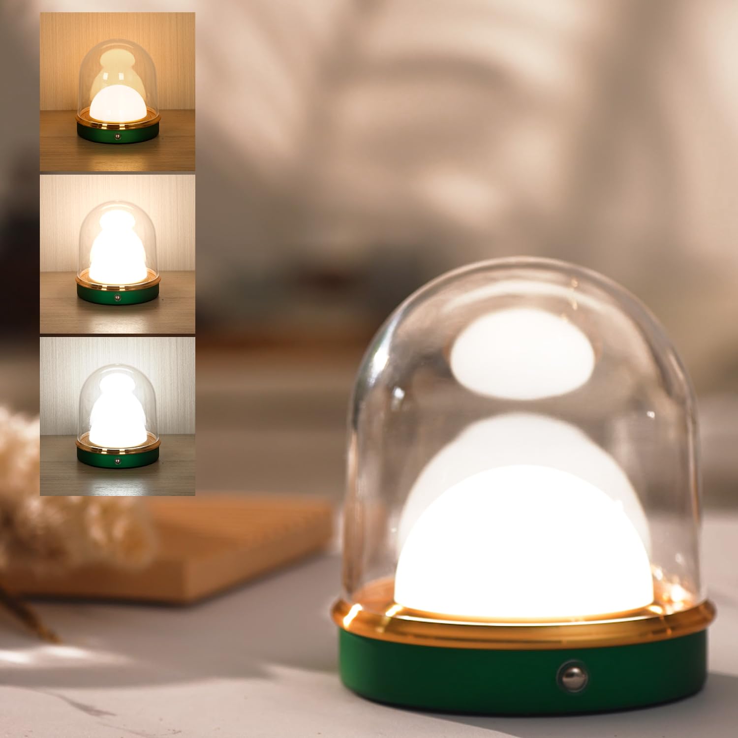 Table Lamp Modern Small Lamp for Bedroom,3 Color Stepless Dimming Up，Battery Operated Lamp with Christmas Green Base，for Living Room (Green)