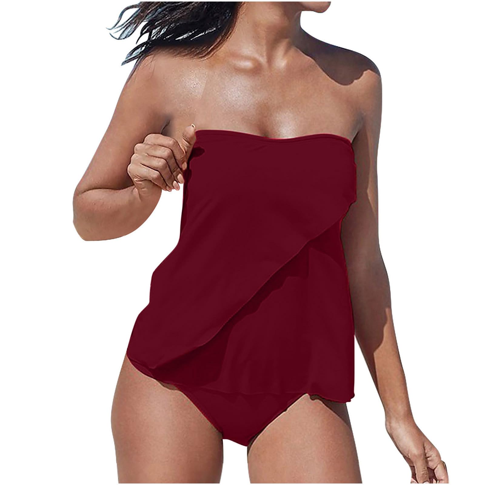 RLEHJN Tankini Damen Bauchweg,Raffung Bandeau Tankini Set Zweiteiliger Badeanzug Mode Bikini Set Flowy Push Up Oberteil mit Bikinihose Sexy Strand Badeanzüge Sommer Swimsuits Bequeme Strandmode