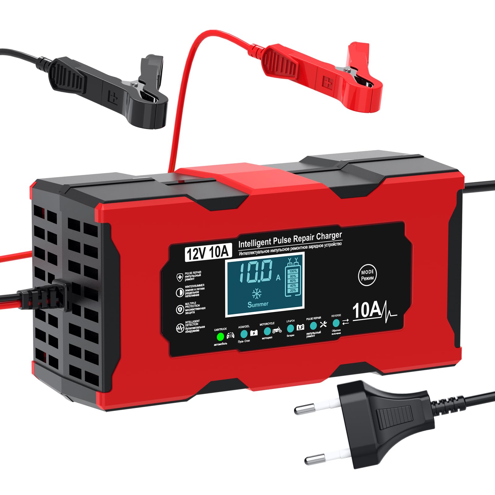 VELOGK Caricabatterie Auto, 10A 12V Mantenitore Batteria Moto Intelligente Mantenitore di Carica Moto Auto con Schermo LCD Carica Batterie per Auto Moto Barche AGM Caricabatterie veloci