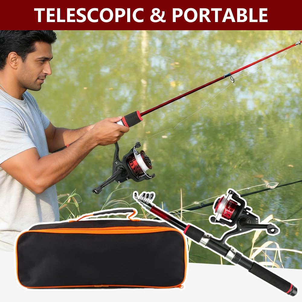 Kit de Canne à Pêche Télescopique 1,8M Enfant avec Moulinet Leurres Sac Transport Débutants