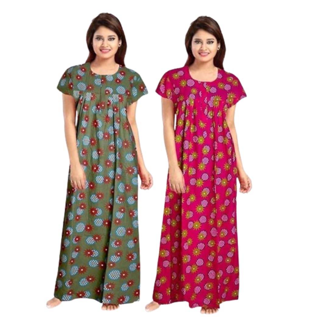 YUKATA Cotton Printed Maxi Nighty for Women - Ankle Length, Free Size, Comfortable Night Dress Gown (Pack of 2)