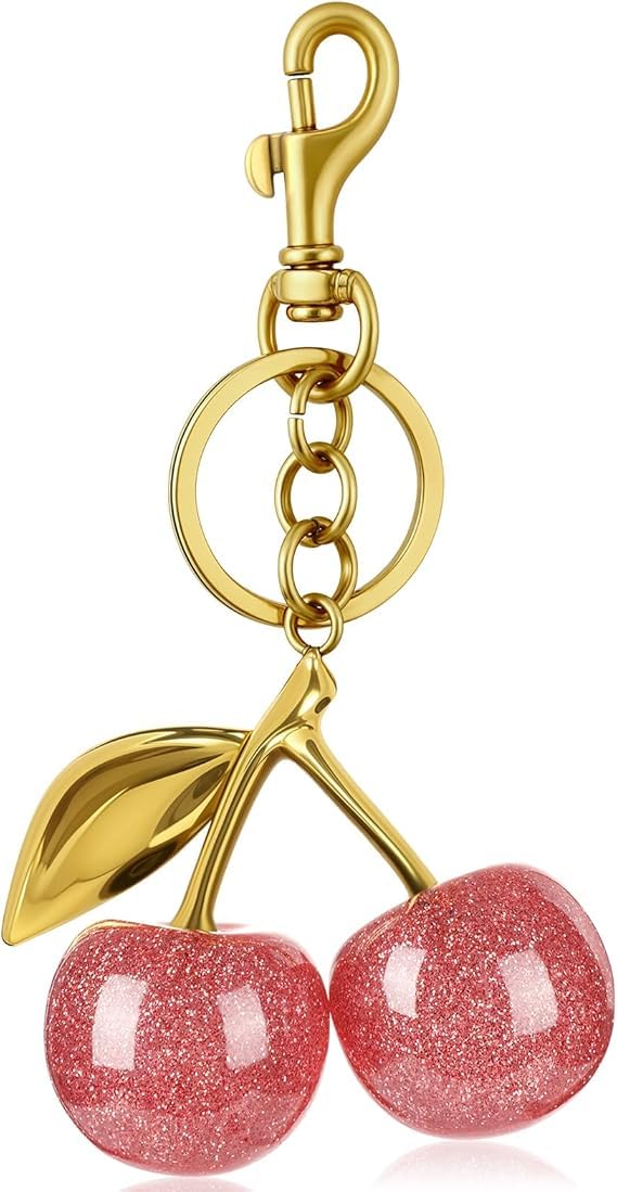 ALIBRAHIM 18K Gold Cherry Car Keychain - Backpacks Wallets Bags Keyring for Women - Cute Keychain Shiny Metal Charm with Key Ring and Clip Purse Accessory