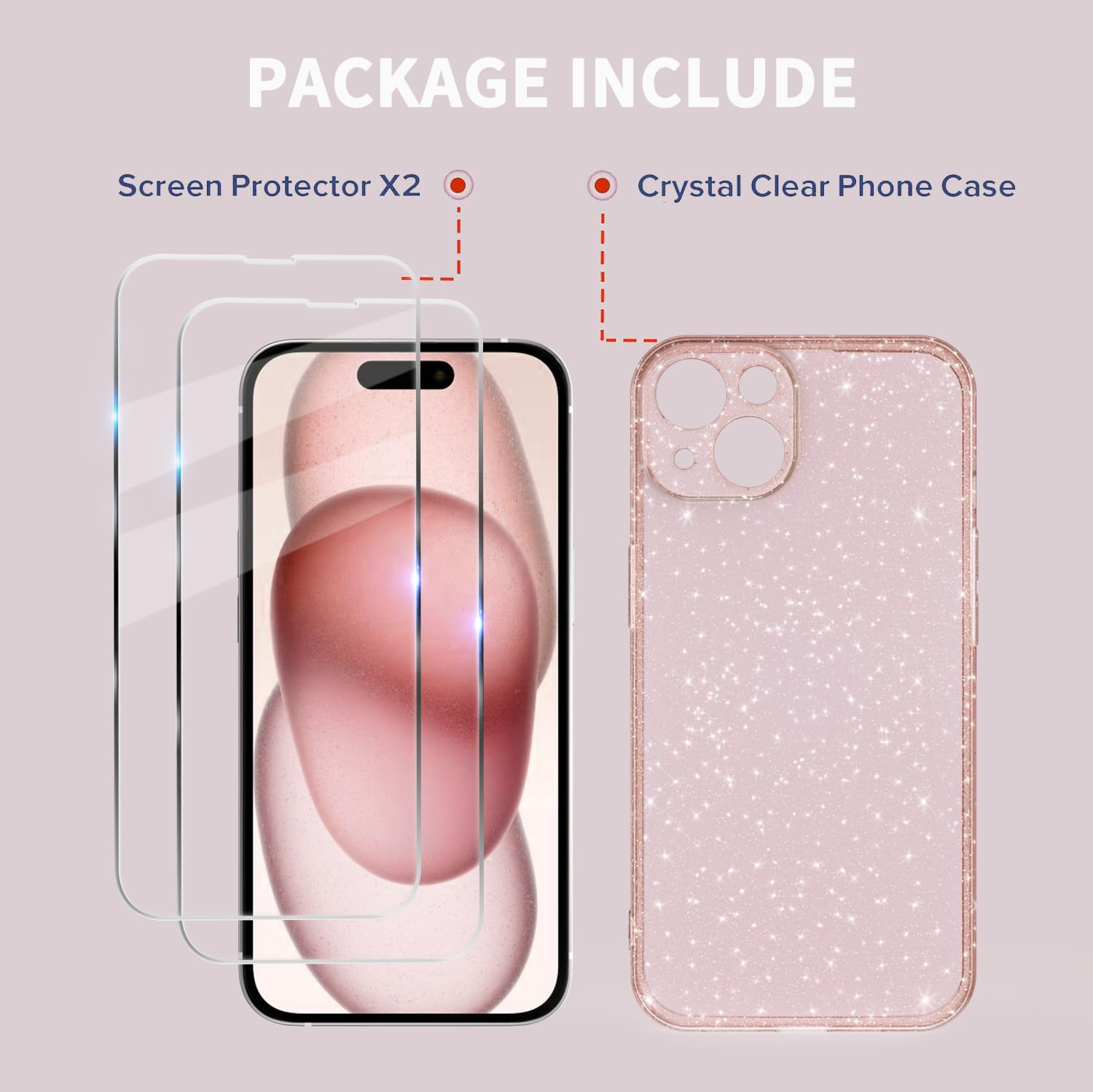 Cover Compatibile con iphone 15 Custodia Glitter, 2 Pezzi Pellicola Protettiva in Vetro Temperato, Brillantini Custodia Morbido TPU Protezione Trasparente Antiurto Case - Rosa