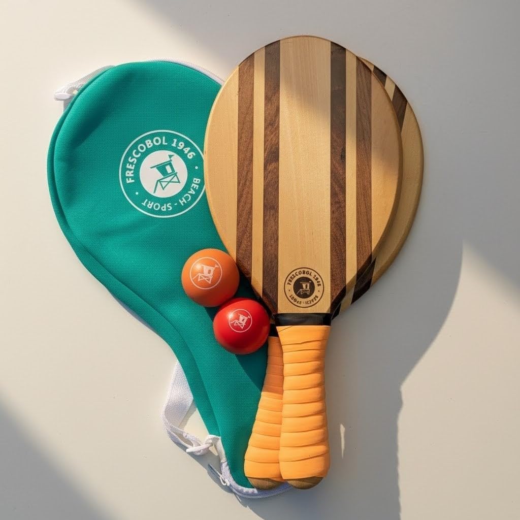 Set di 2 racchette da spiaggia in legno massiccio con palline, ispirazione brasiliana con borsa da trasporto in neoprene, design elegante