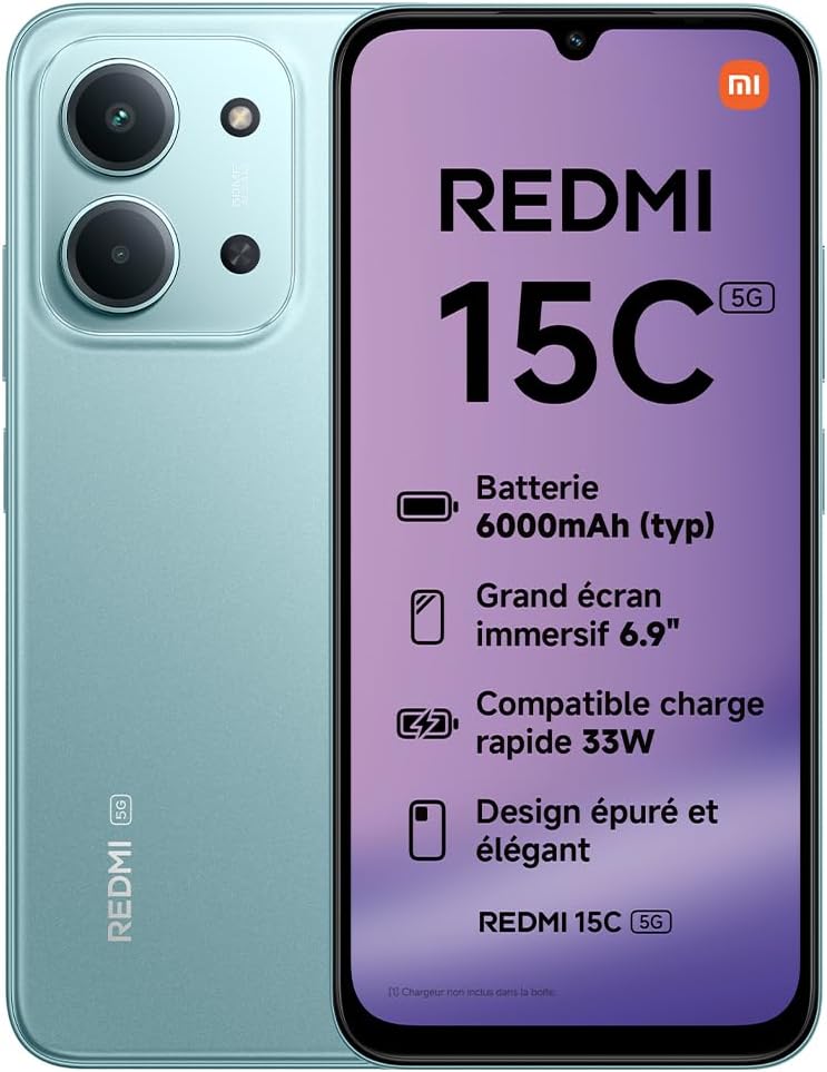 Xiaomi REDMI 15C 5G, Smartphone 4+128 Go, Écran 6,9" 120 Hz, Processeur MediaTek Dimensity 6300 6 nm Octa-Core, Double caméra 50 MP avec IA, 6 000mAh, Vert, Chargeur Non Inclus