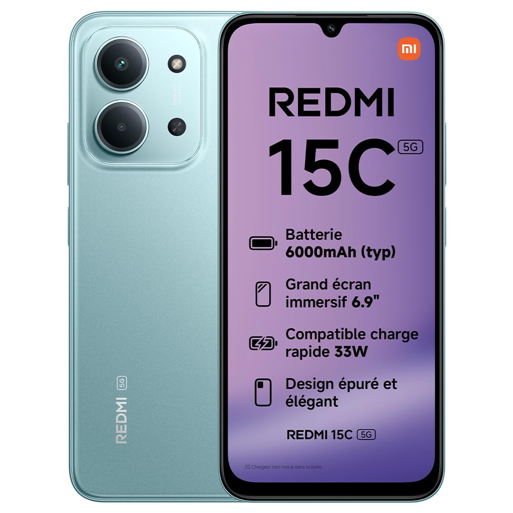 XIAOMI REDMI 15C 5G Smartphone 4+128 Go Double Caméra IA 50 MP - Vert | Écran 6,9 pouces 120 Hz, batterie 6000 mAh, 5G, MediaTek Dimensity 6300 6 nm Octa-Core, chargeur non inclus