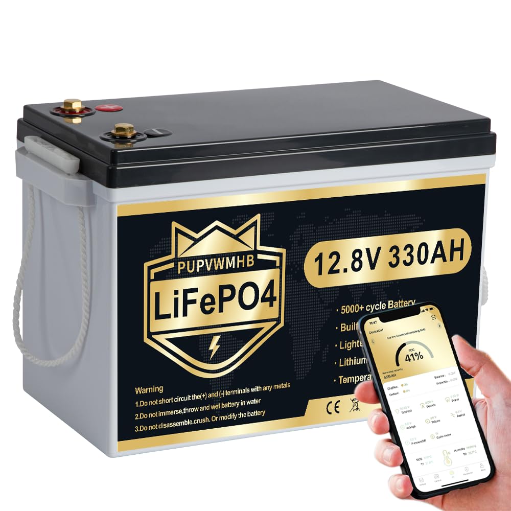 PUPVWMHB Batteria LiFePO4, 12 V, 330 Ah, 200 A, BMS 12 V, batteria al litio, fino a 15000 cicli, max. 4224 Wh di energia con taglio a bassa temperatura, perfetta per camper
