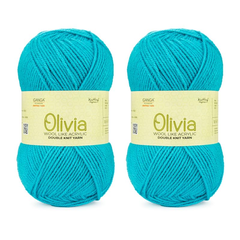 Image of Ganga Acrowools Acrylic Olivia, Double Knit Yarn. Hand Knitting and Crochet Yarn. Oekotex Class 1 Certified. Pack of 2 Balls - 100Gms Each. Shade No. - OLV041, Pacific Blue
