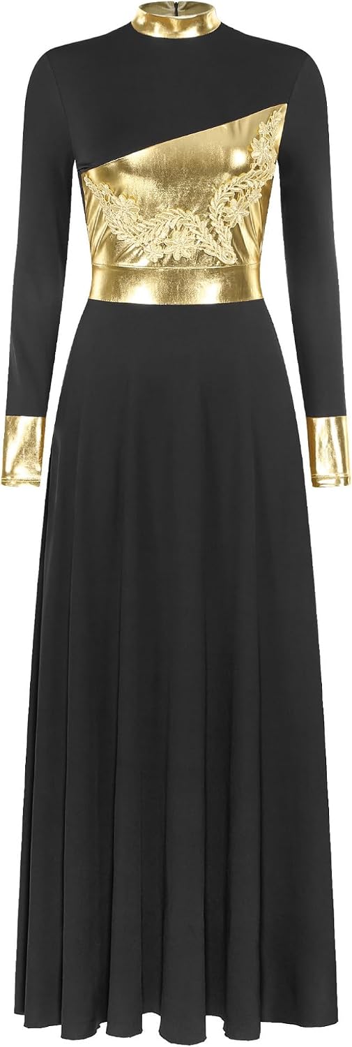 JanJean Women Lyrical Dance Dress Metallic Patchwork Worship Praise Dance Tunic Overlay