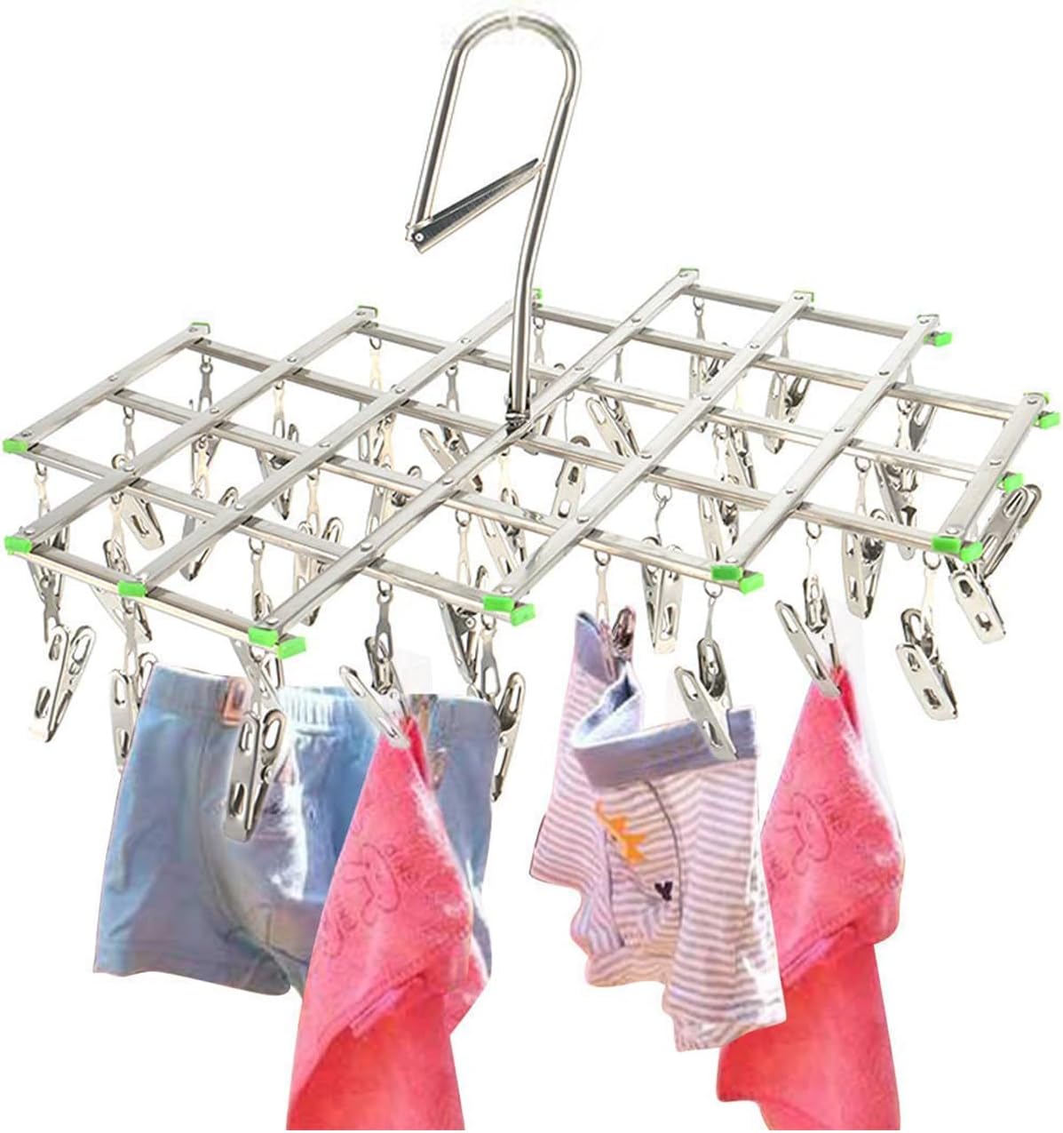 Xpork Sock Drying Rack 35 Pegs Clothes Airer Dryer Swivel Hook Airer Stainless Steel Drying Hanger Foldable Hanging Laundry Washing Clips for Underwear Sock Bra Gloves Clothes
