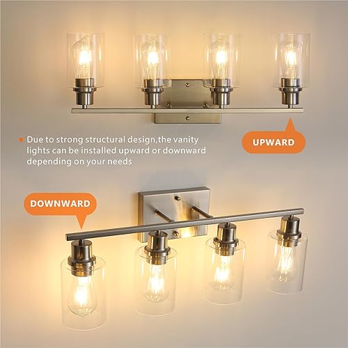Miniatura 6 de Luces de tocador de níquel cepillado para baño, 4 luces de baño sobre espejo, apliques de pared modernos de granja con vidrio transparente para sala