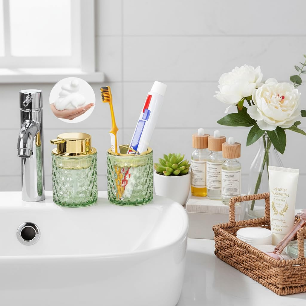 Juego de accesorios de baño de vidrio grueso, soporte dorado para cepillo de dientes y pasta de dientes, dispensador de jabón espumoso y soporte para cepillos de dientes, bonito organizador de
