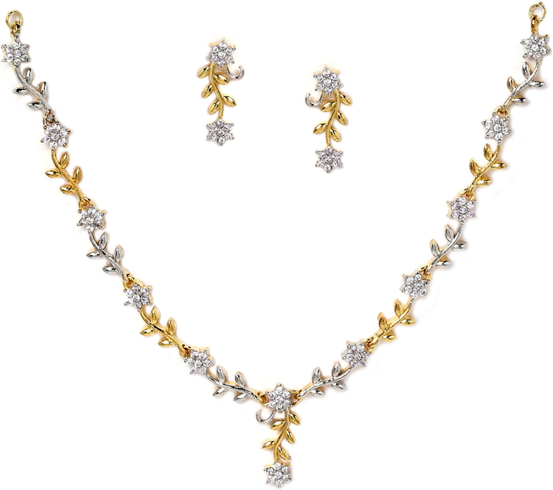Zeneme Jewellery Set Sparkling CZ Diamond with Leafy Design Necklace Set For Women and Girl
