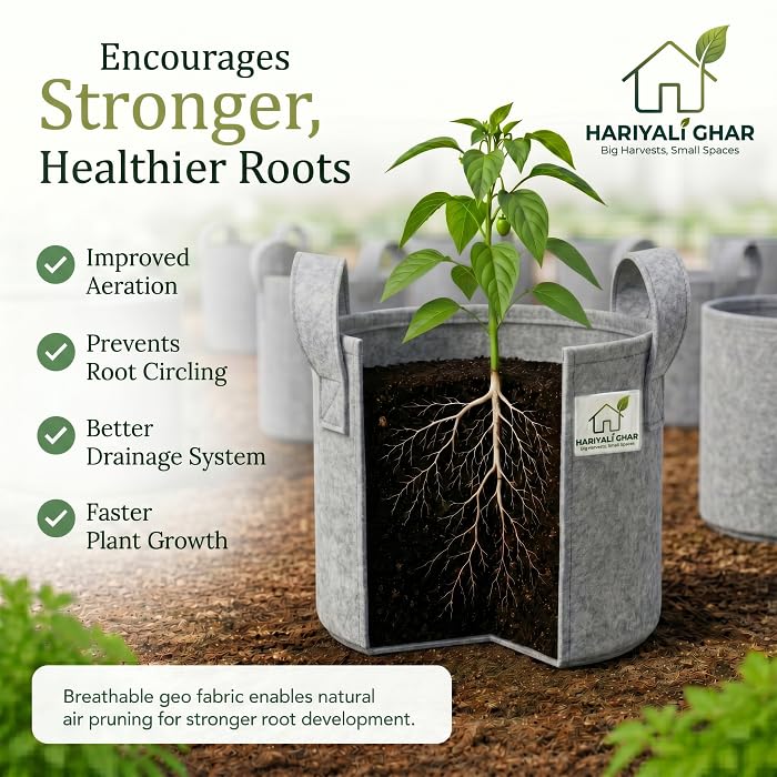 Image of 400 GSM Geo Fabric Round Grow Bags 12x12 Inch with Handle, Grey Planting Bags for Terrace and Kitchen Gardening Pack of 8