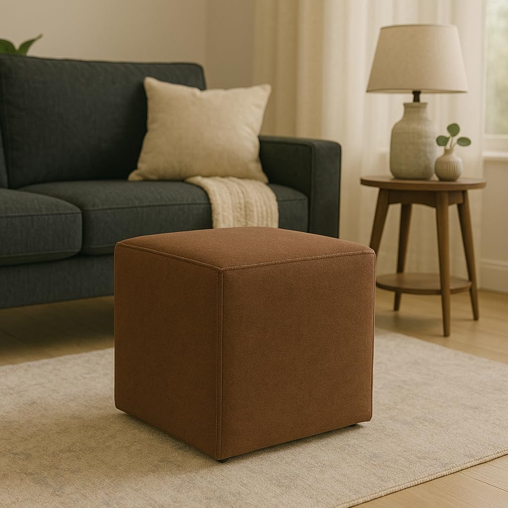PREDELLA Velvet Cube Ottoman Footrest Stool – Square Upholstered Pouf Foot Rest Seat for Living Room, Bedroom & Office, Modern Compact Ottoman for Sofa or Chair (Brown)-image-42