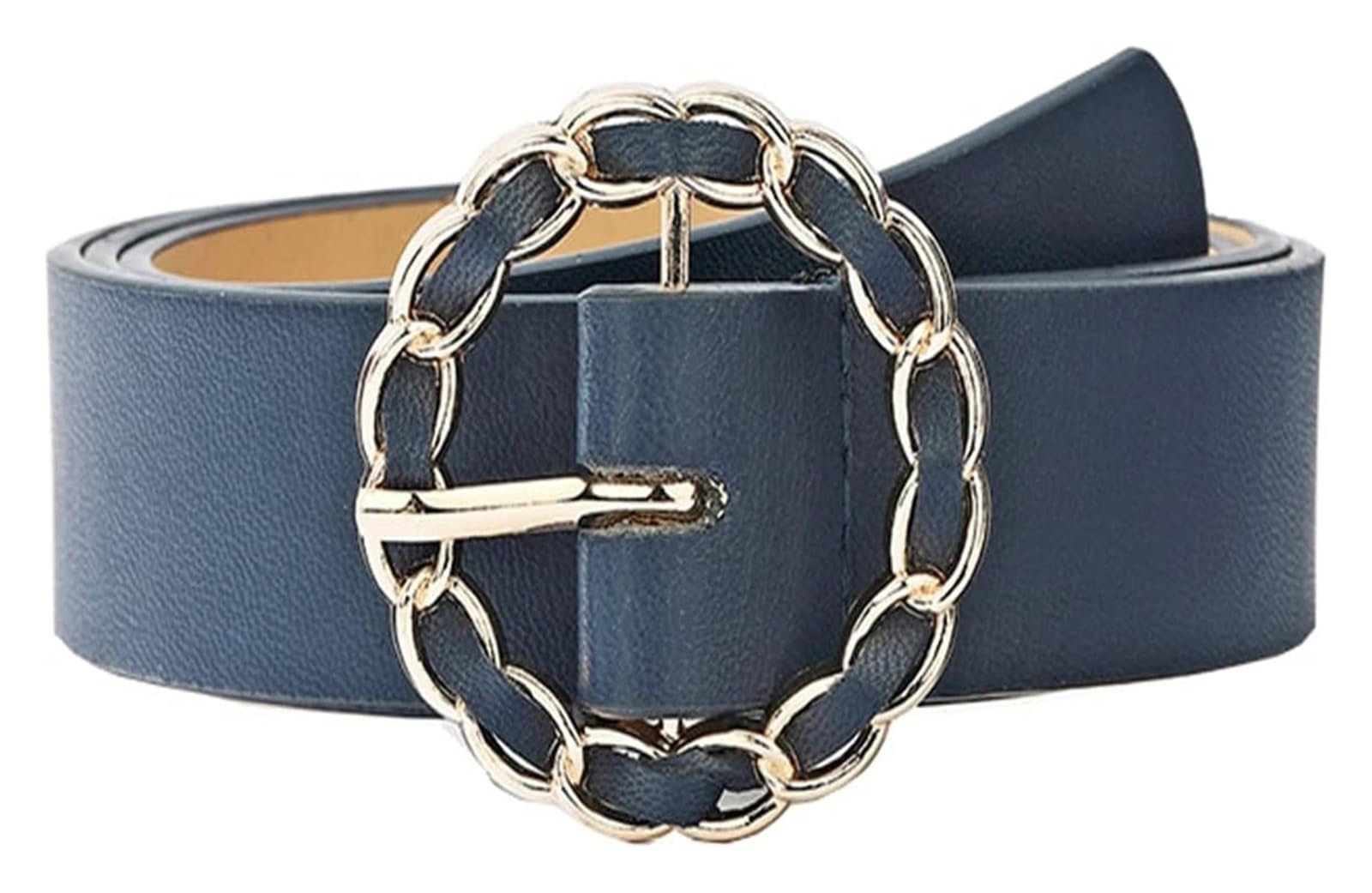 dfEDRd Ladies Waist Belt, 105cm Women Solid Color Soft Leather Waistband Adjustable Alloy Round Buckle Belt Elegant(Navy Blue)