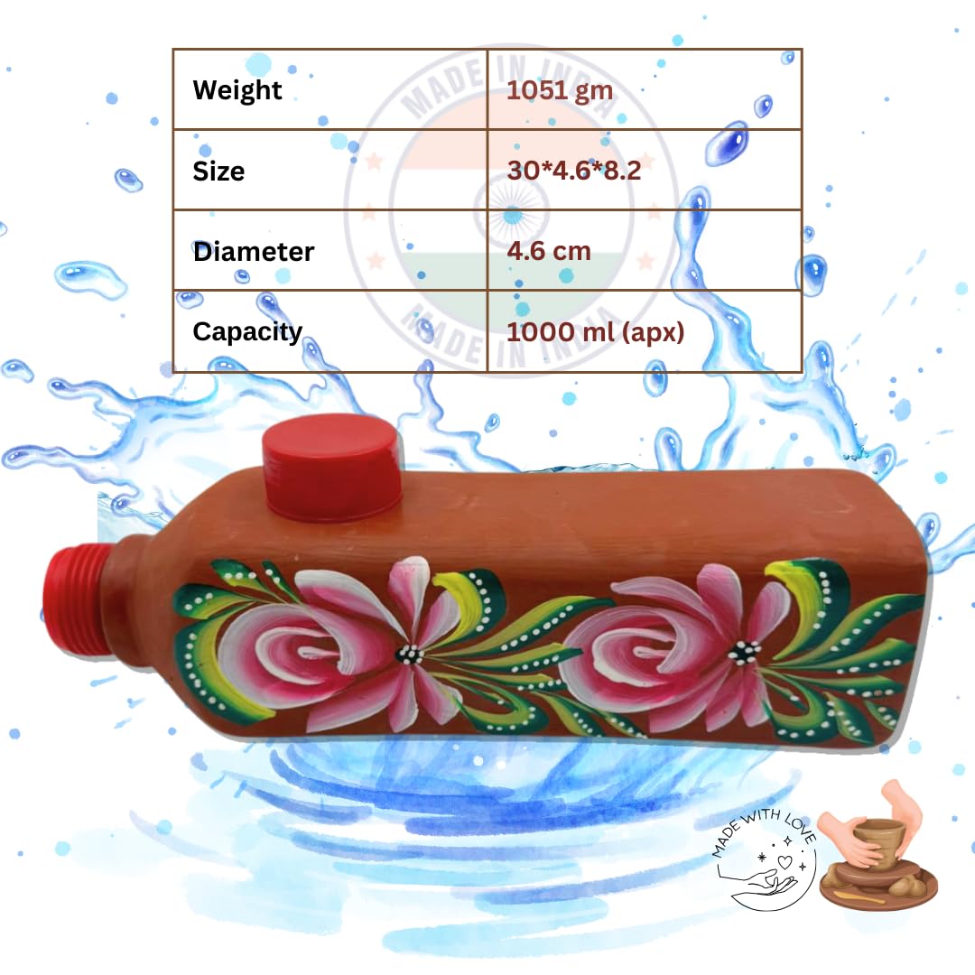 Botella de agua de arcilla roja con tapa, terracota hecha a mano, a prueba de fugas y naturalmente refrescante, botella ecológica con estampado de flores para agua potable (1000 ml