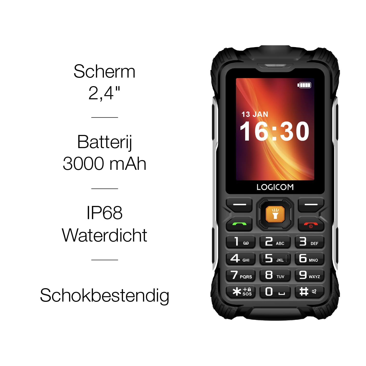 Logicom Xtrem 60 - Telefono 4G Dual SIM, batteria 3000 mAh, compatibile con apparecchi acustici, USB-C – Torcia – Mobile robusto – Nero